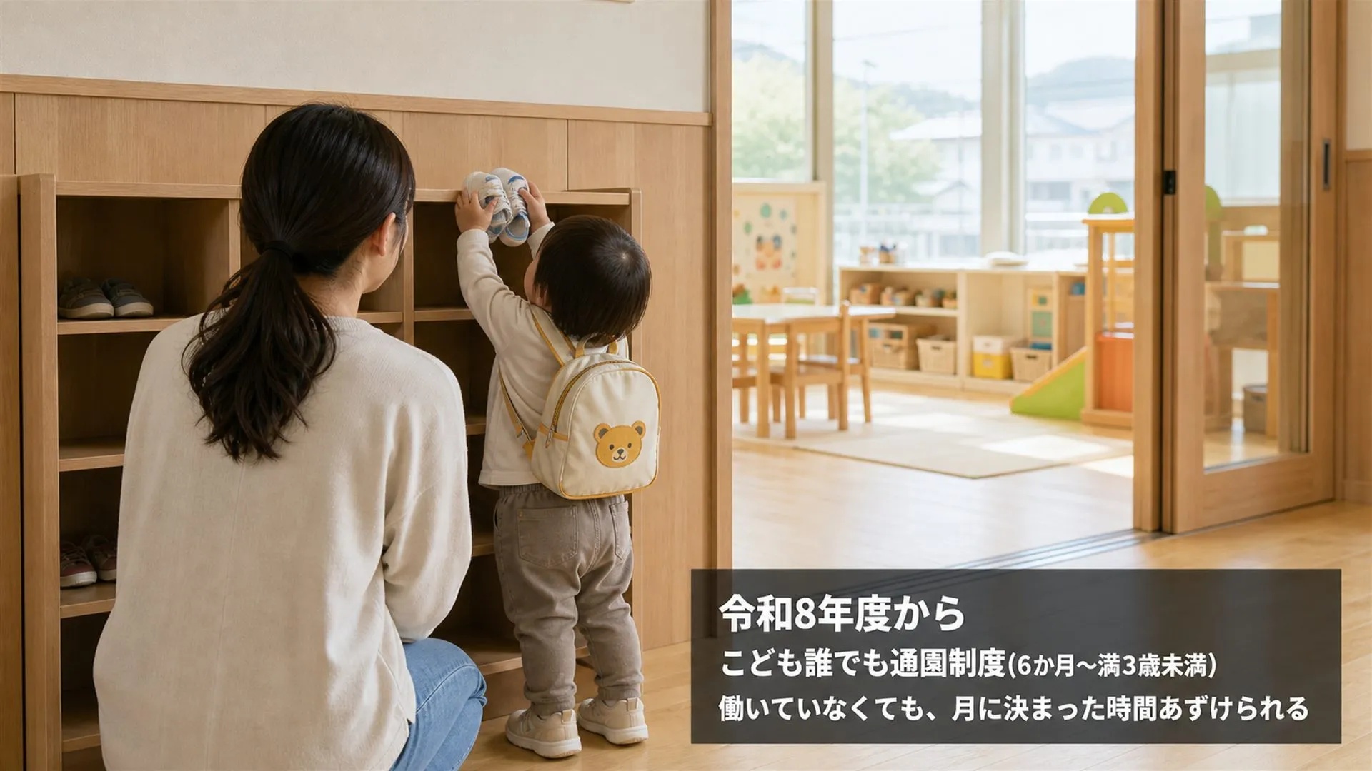 保育所の玄関で、母親と2歳ぐらいの子が小さな運動靴を靴箱へ入れている。右下に「令和8年度から こども誰でも通園制度(6か月〜満3歳未満)」