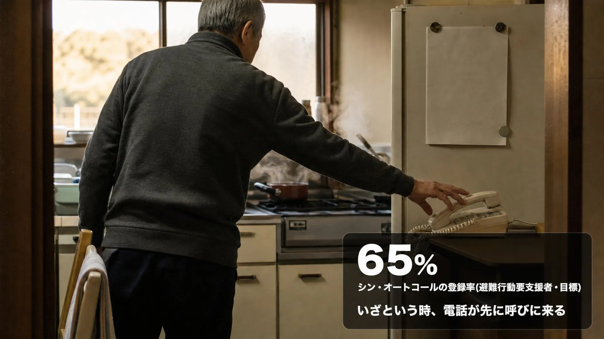 夕方の台所で、味噌汁の湯気の横で鳴った固定電話へ高齢の男性が手を伸ばしている。右下に「65% シン・オートコールの登録率(避難行動要支援者・目標)」