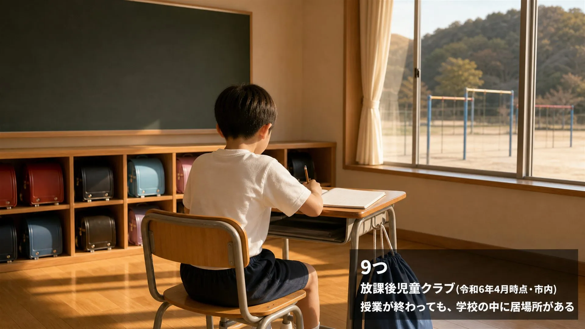 放課後の小学校の教室で、棚にランドセルが並び、子どもが一人で机に向かっている。右下に「9つ 放課後児童クラブ(令和6年4月時点・市内)」