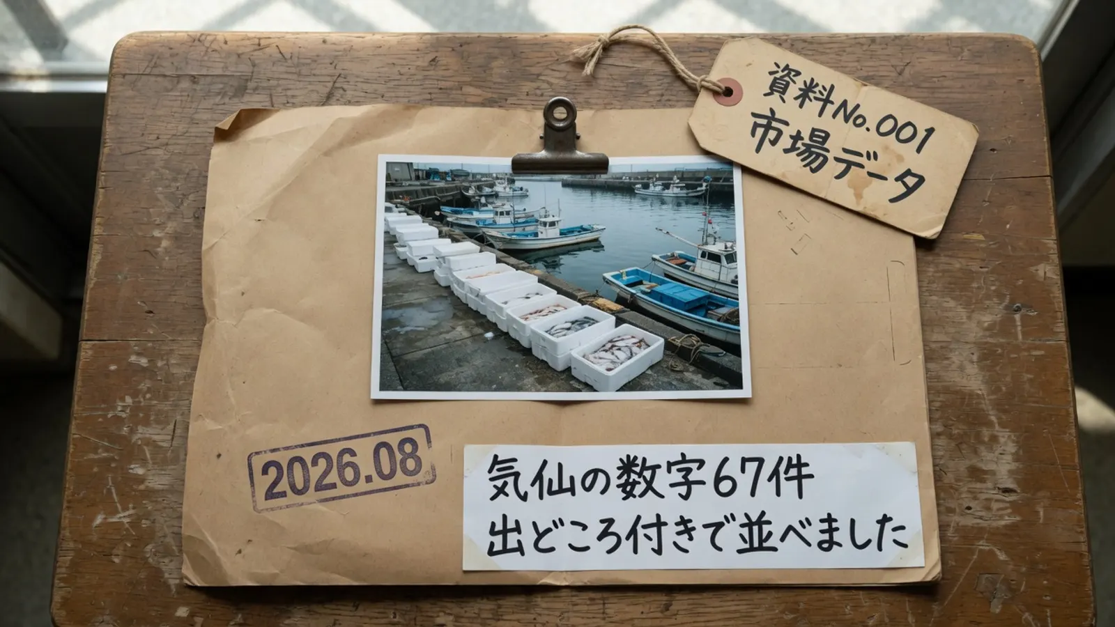 真上から見た木の机の上に、クラフト紙の調査ファイルが1冊置かれている。中央に朝の漁港の写真が金属クリップで留められ、岸壁に発泡スチロールの箱が並び小型漁船が係留されている。右上の厚紙の荷札に「資料No.001 市場データ」、左下のゴム印に「2026.08」、下の白い帯に「気仙の数字67件 出どころ付きで並べました」と書かれている。