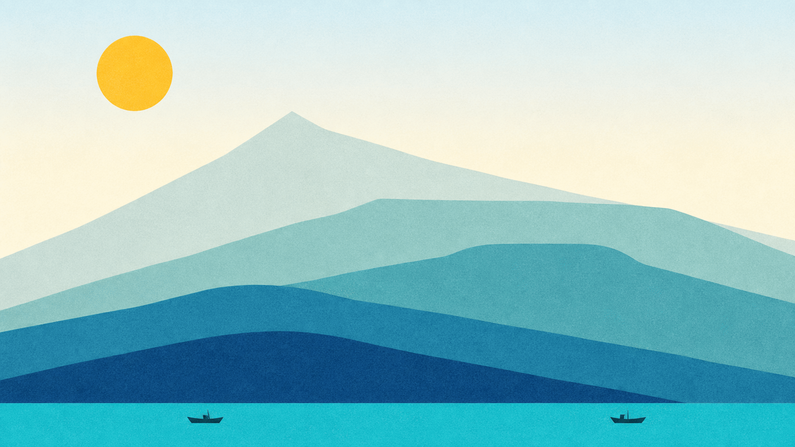 5つの山が重なる朝の風景。山の形は、それぞれの町の100年の人口の動きをかたどっています。