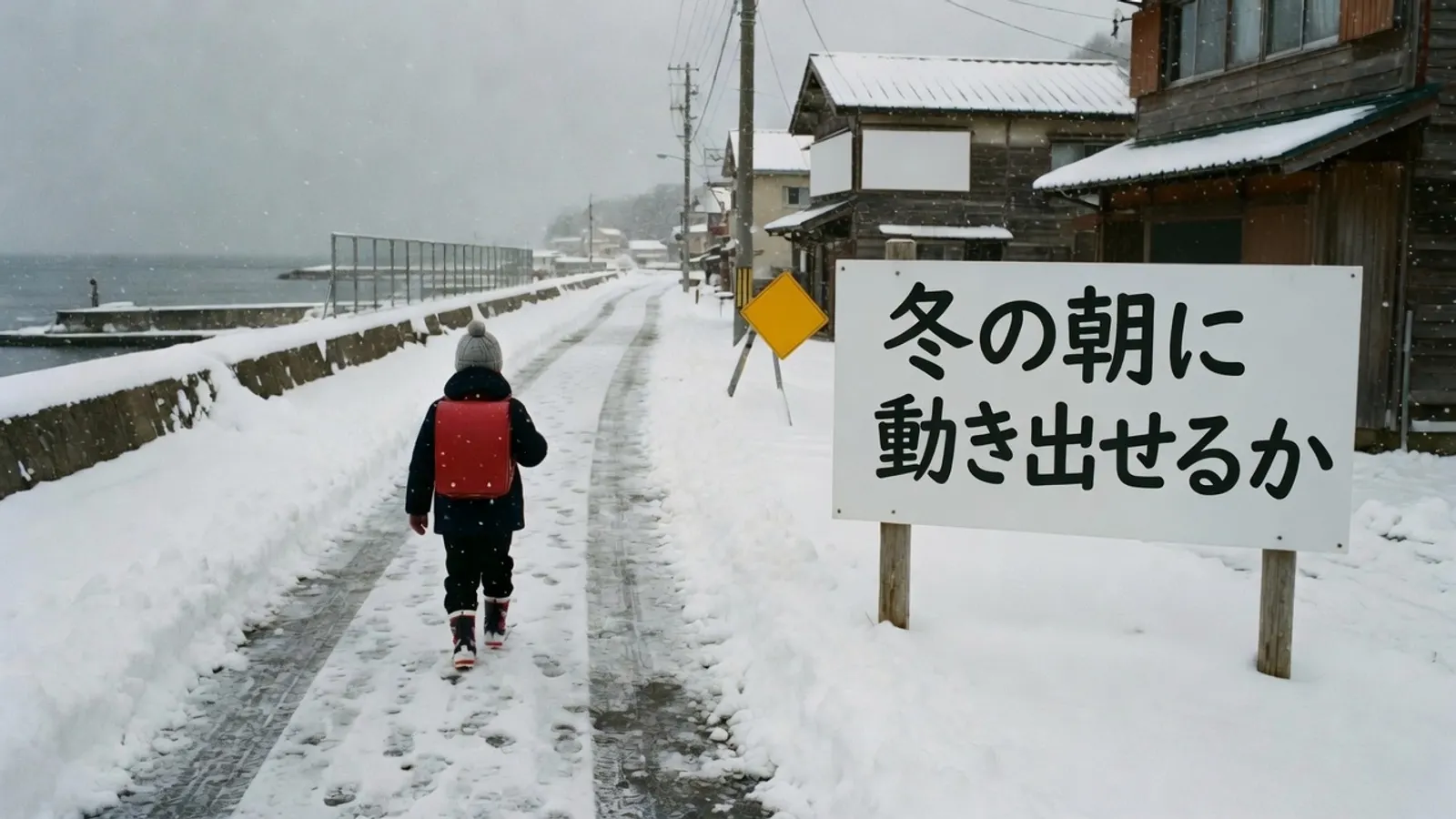雪が積もった冬の朝の通学路を歩く子どもの後ろ姿。看板に、冬の朝に動き出せるか、と書かれている。