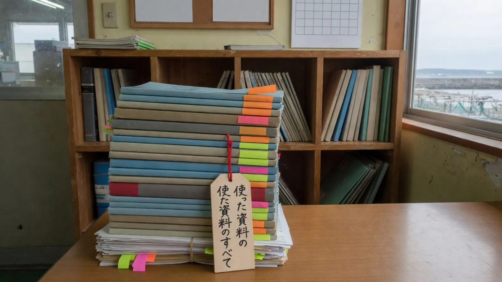 棚の前に積み上げられた行政の冊子と、はみ出した色とりどりの付箋。札に、使った資料のすべて、と書かれている。