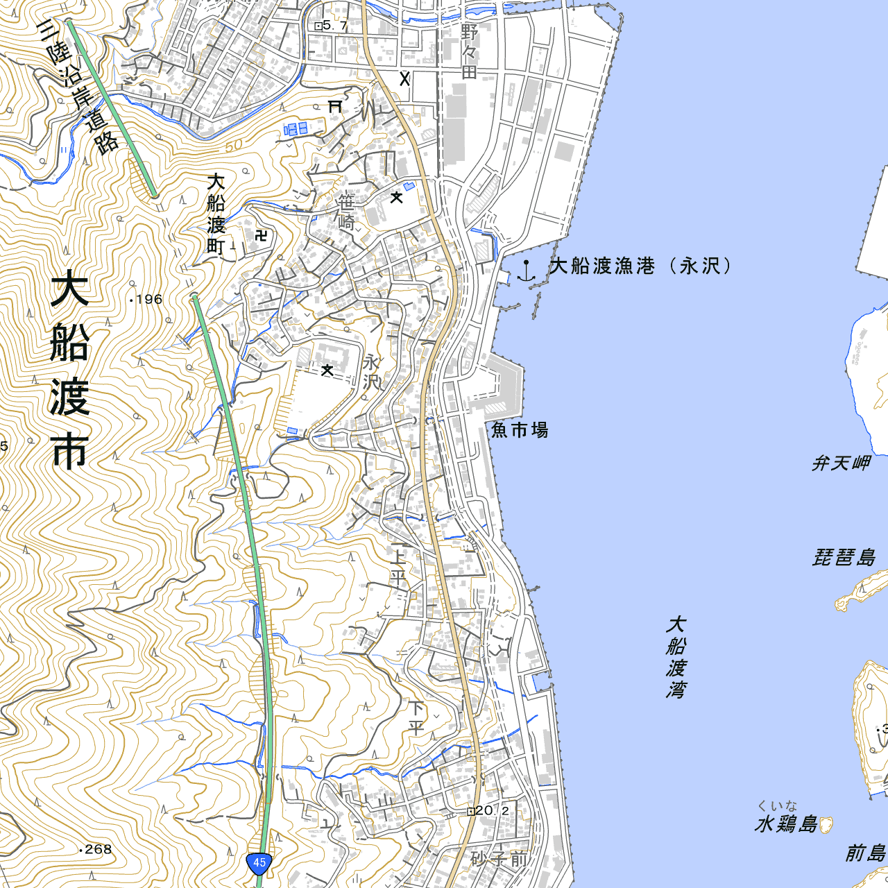大船渡魚市場と大船渡市街地の位置関係を示す地図